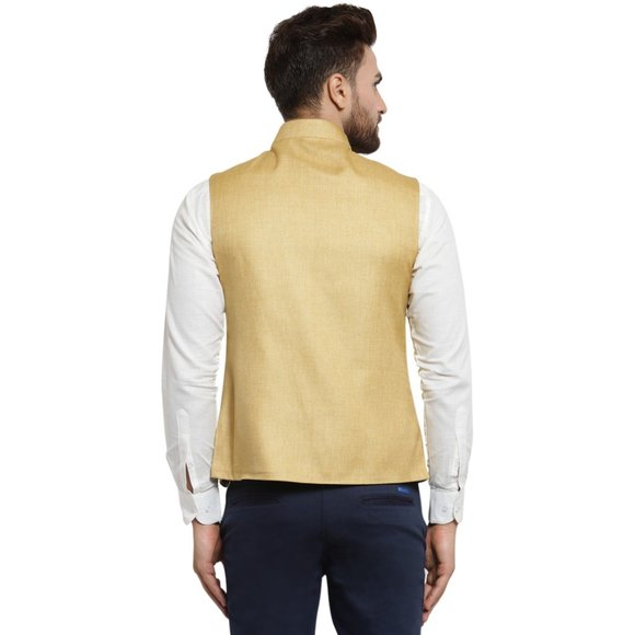 Sleeveless Traditional Jute Fabric Mustard Yellow Nehru Jacket by Treemoda - Picture 3 of 5